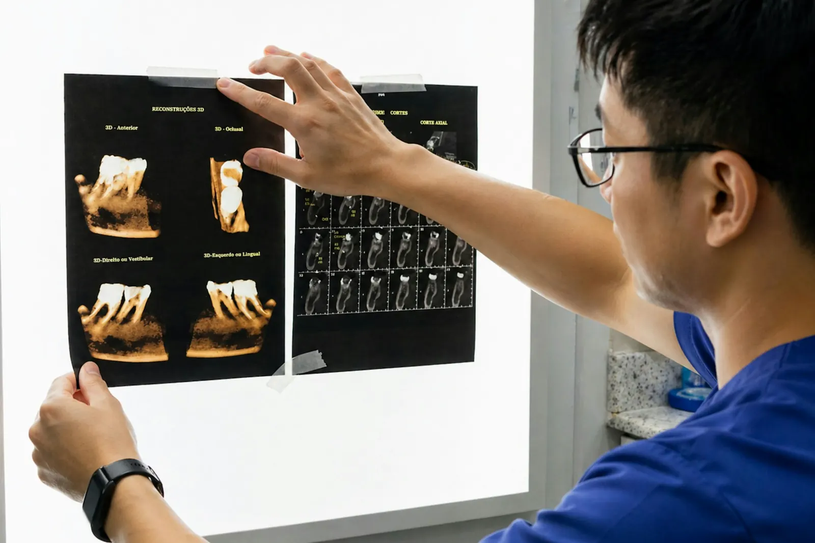 A clinician holding dental X-ray films up against a lightbox to read them